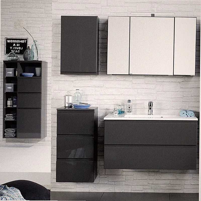 Komplett Badezimmermöbel Set grau 100cm Waschtisch & LED Spiegelschrank Badmöbel