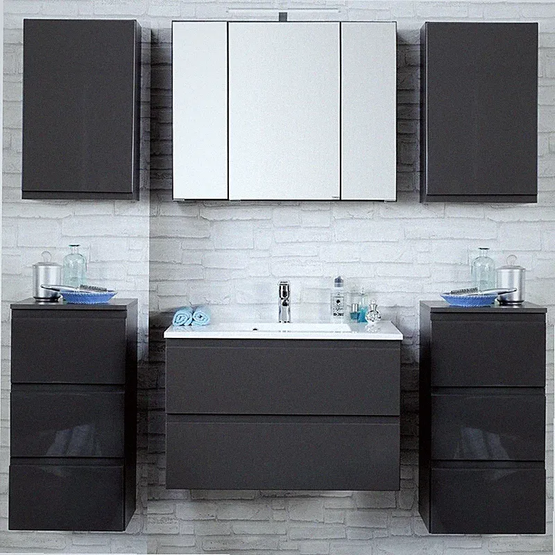 Komplett Badezimmermöbel Set grau 80cm Waschtisch & LED Spiegelschrank Badmöbel
