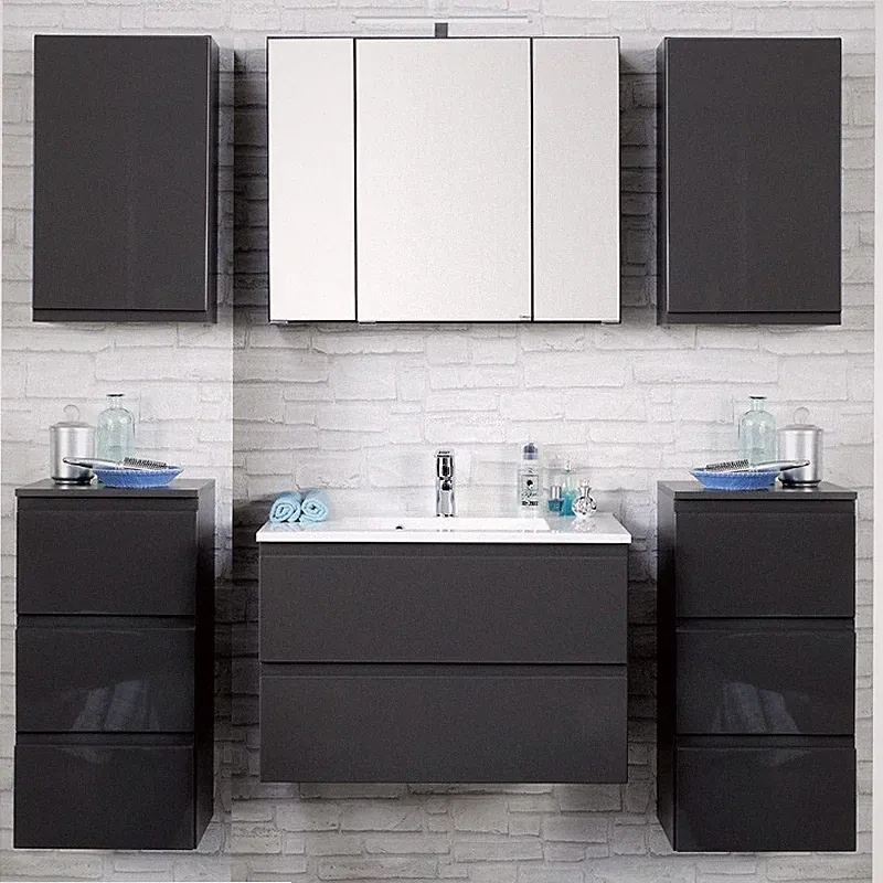 Komplett Badezimmermöbel Set grau 80cm Waschtisch & LED Spiegelschrank Badmöbel