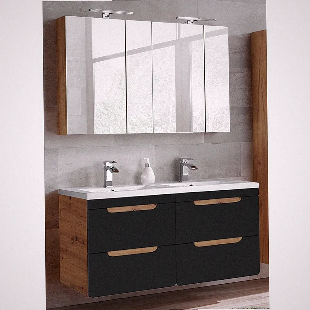 Komplett Badmöbelset 120cm Waschtisch Unterschrank LED Spiegelschrank Eiche grau