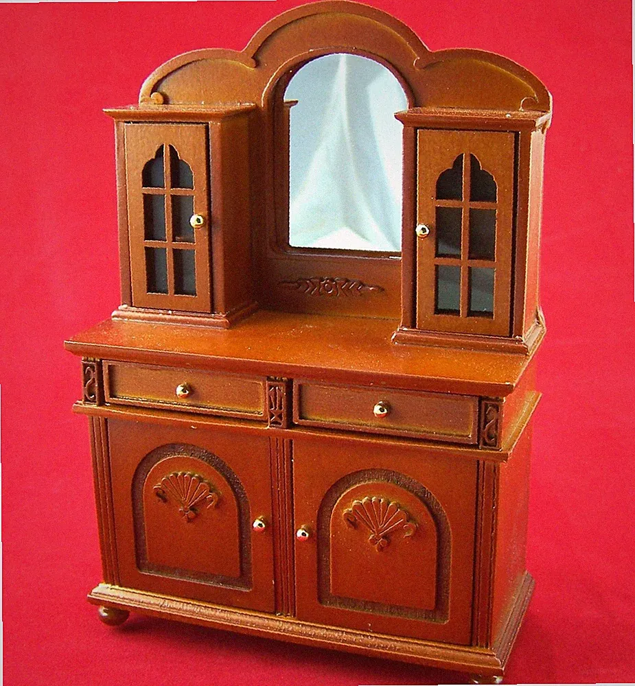 Küchenschrank aus Holz mit Spiegel, nußbaumfarbig. Für 1:12 Puppenstuben.