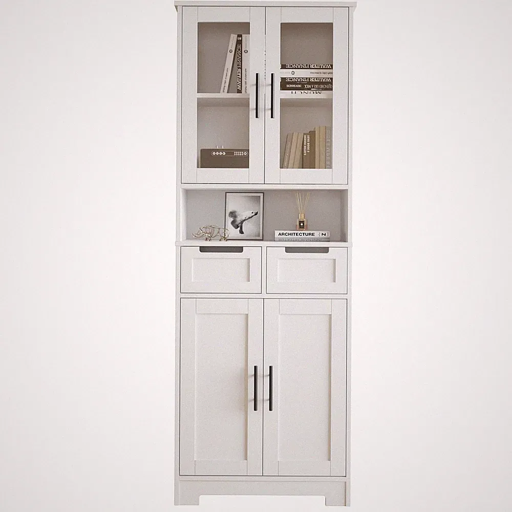 Küchenschrank, Vitrinenschrank, Hochschrank mit 4 Türen und 2 Schubladen, woh...