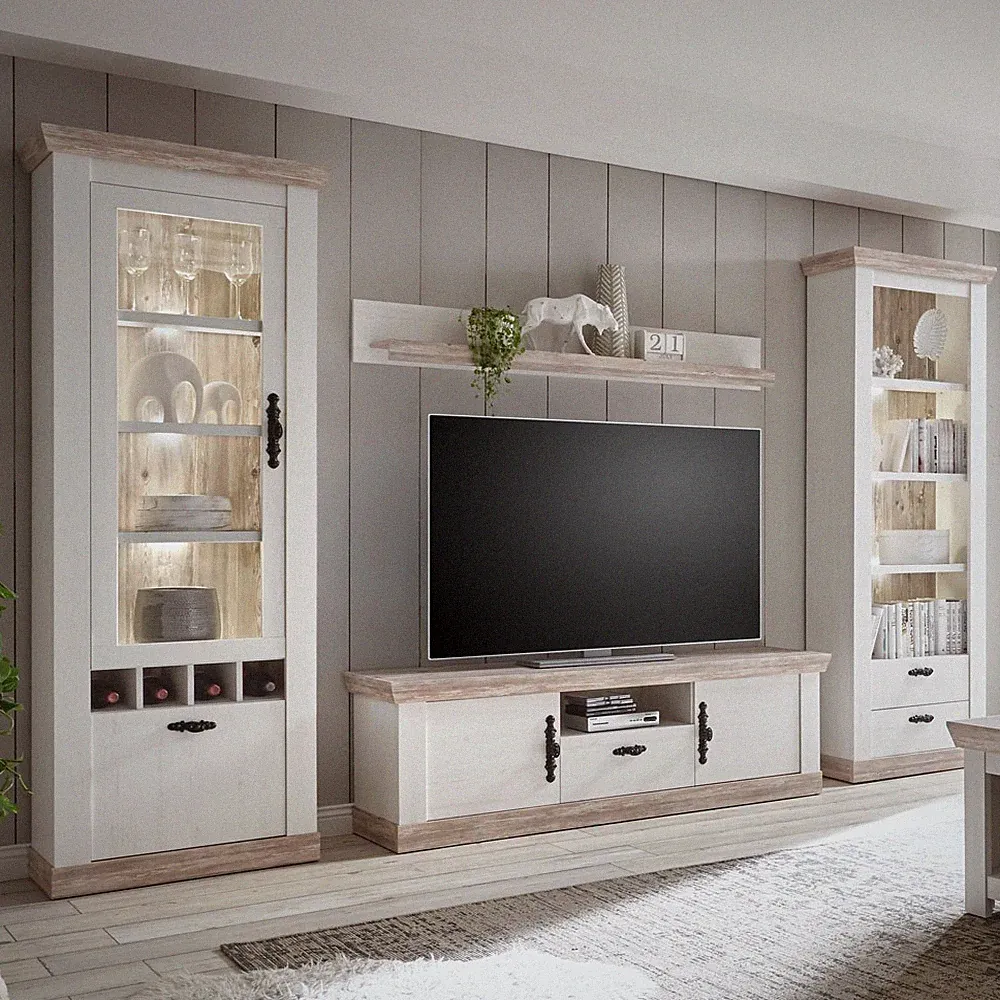 Landhaus Wohnwand weiß Anbauwand TV Wohnzimmerschrank Fernsehtisch Vitrine Regal