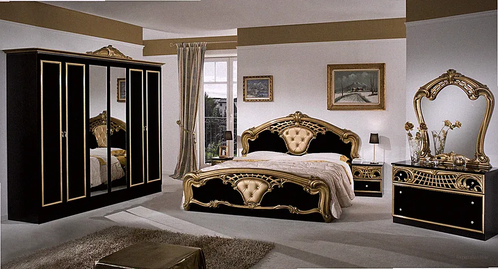 LAURA black - Komplettes Schlafzimmermöbel-Set in Schwarz Gold 6-tlg