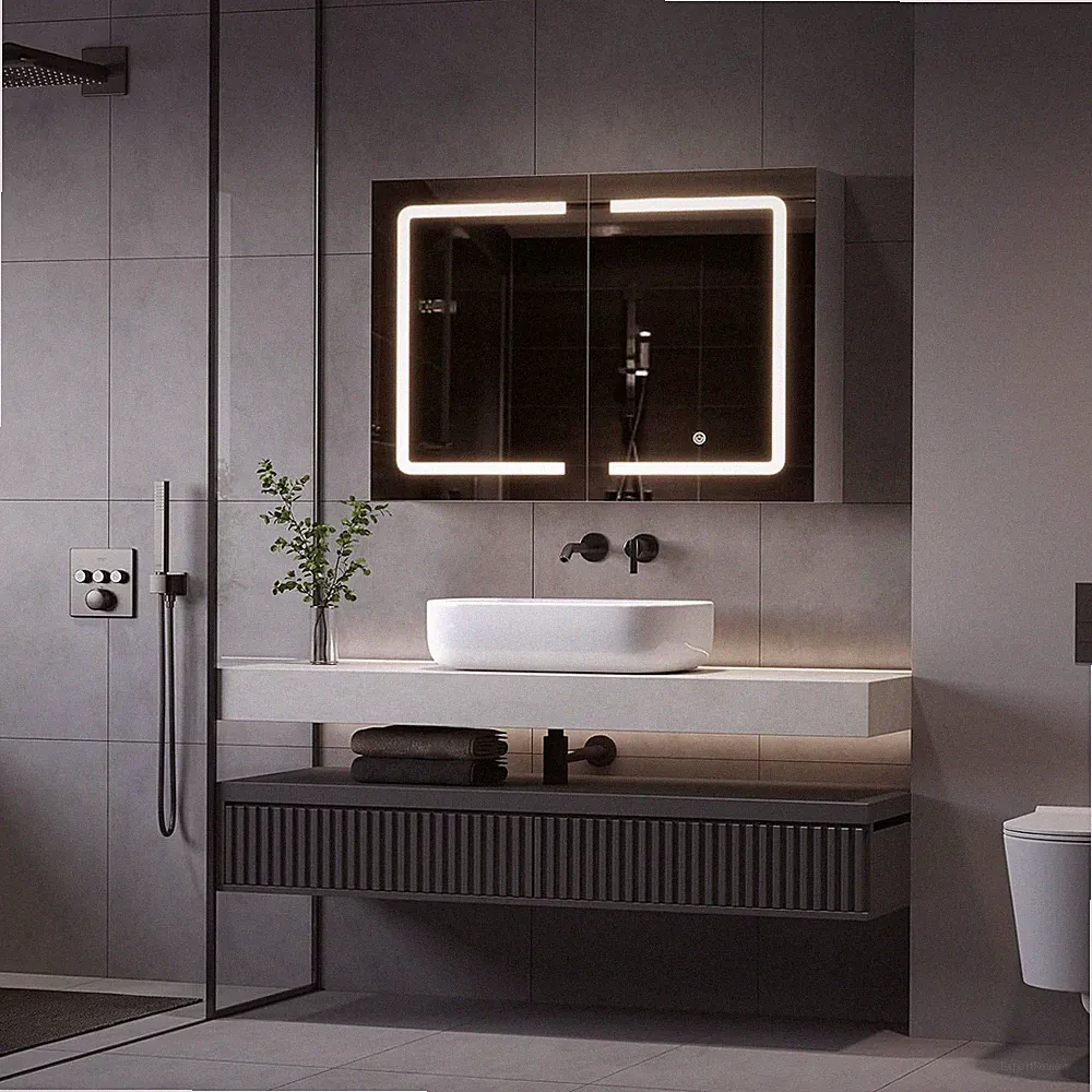 LED Badezimmer Spiegelschrank Spiegelschrank Bad mit Beleuchtung 2 Spiegeltüren