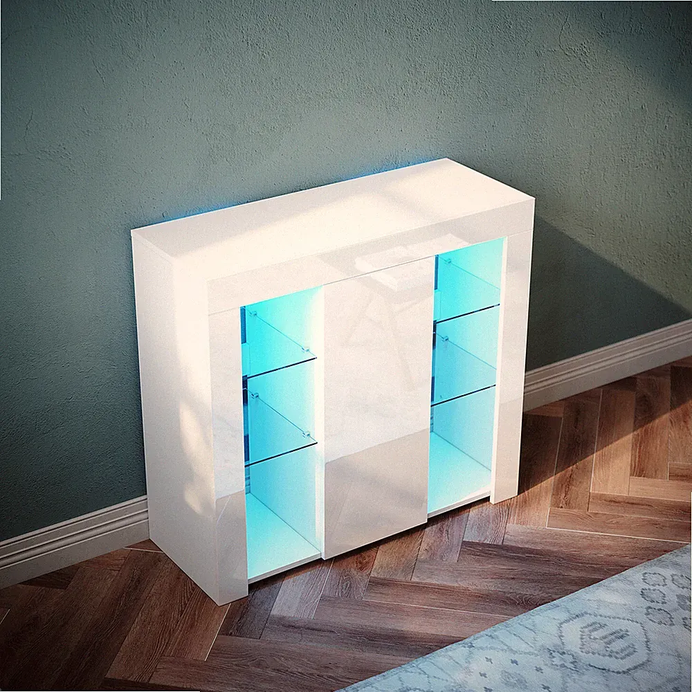 LED Highboard mit Beleuchtung Kommode Beistellschrank Schrank Weiß Hochglanz 90
