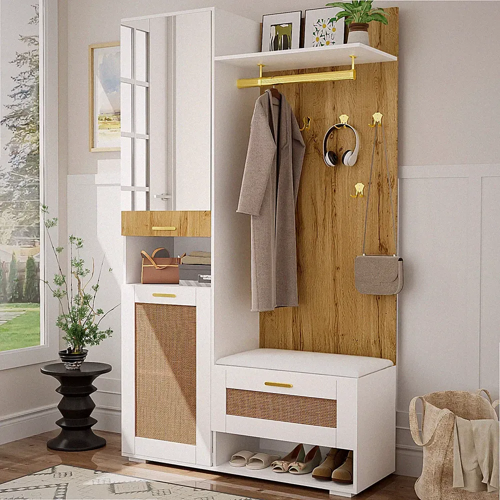 LED Kleiderschrank Garderoben Set Wandgarderobe Spiegel Stauraumfach Sitzbank