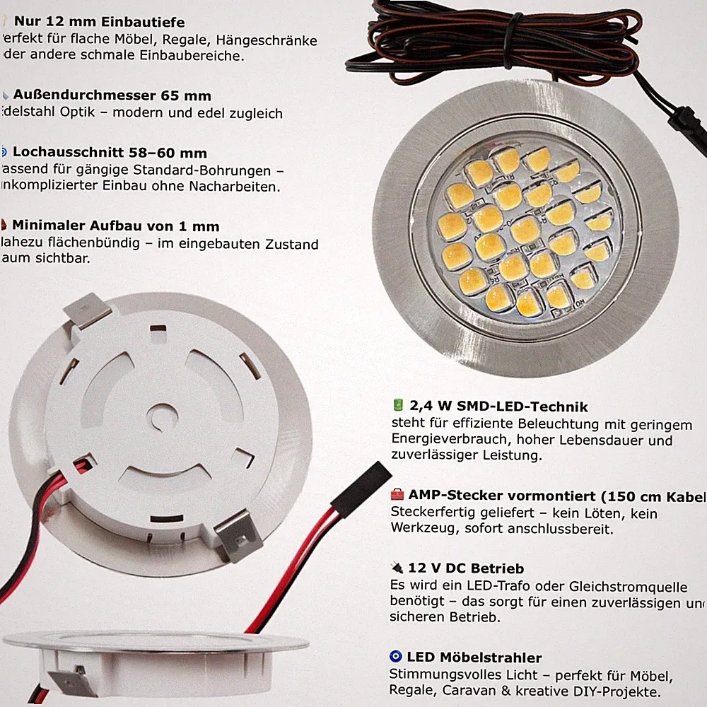 LED Möbel Einbauspot 12V 2,4W ultraflach Ø65 mm warmweiß 3000K inkl. Trafo & AMP
