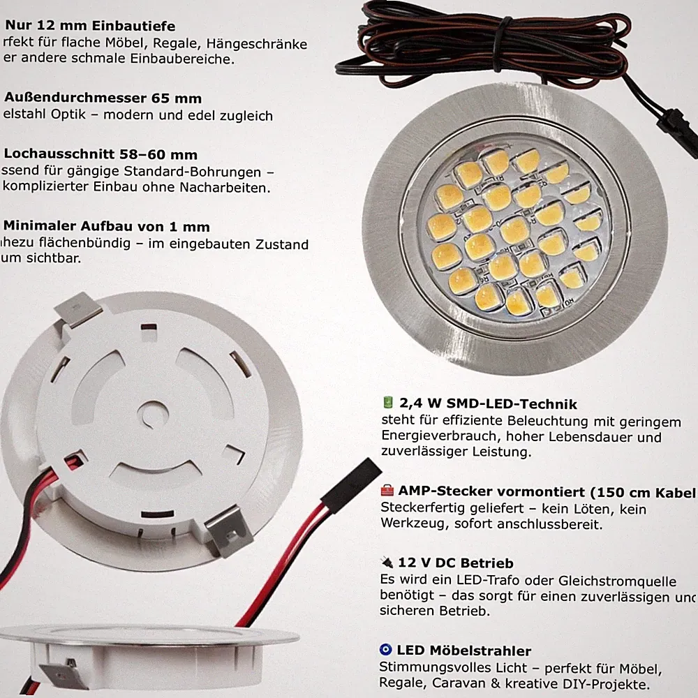 LED Möbeleinbauspots Lina 12V 2,4W Warmweiß 3000K Ø65mm inkl. Trafo & AMP-Kabel
