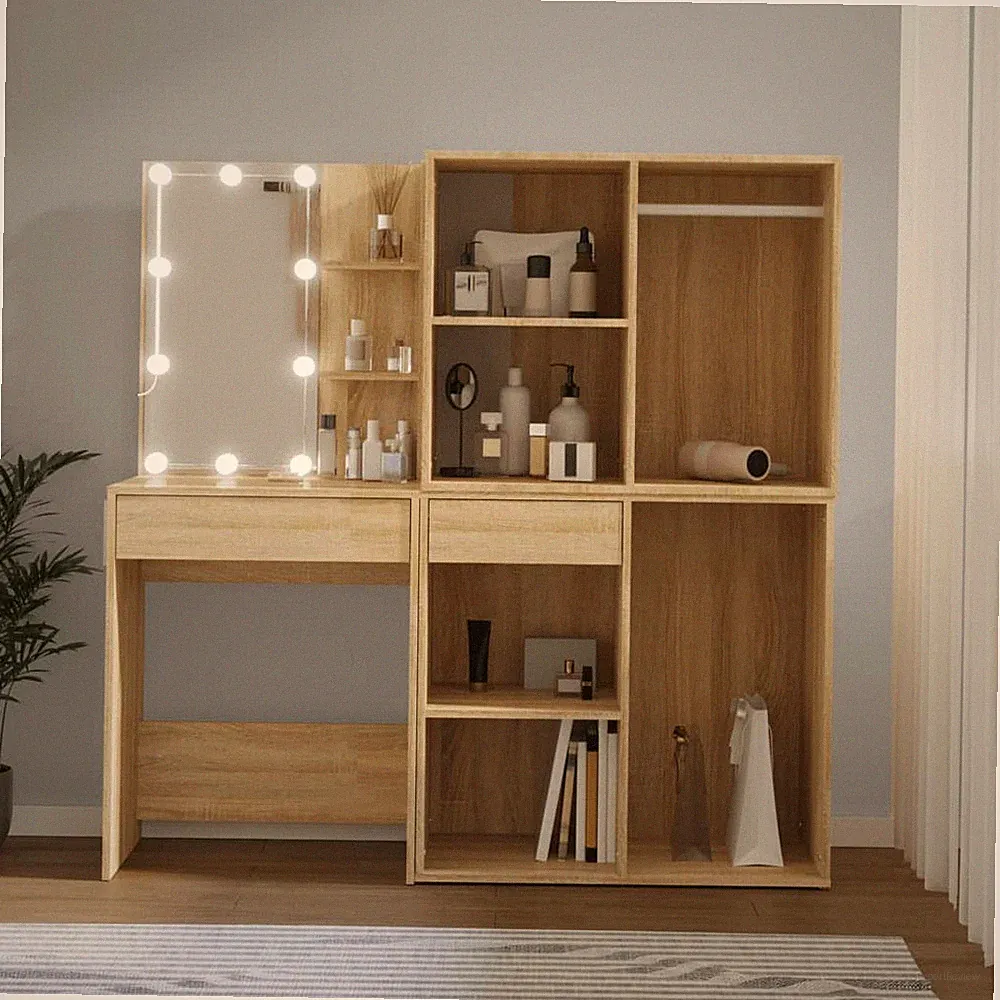 LED Schminktisch Holzwerkstoff, Kosmetiktisch mit 2 Schränken Spiegel vidaXL