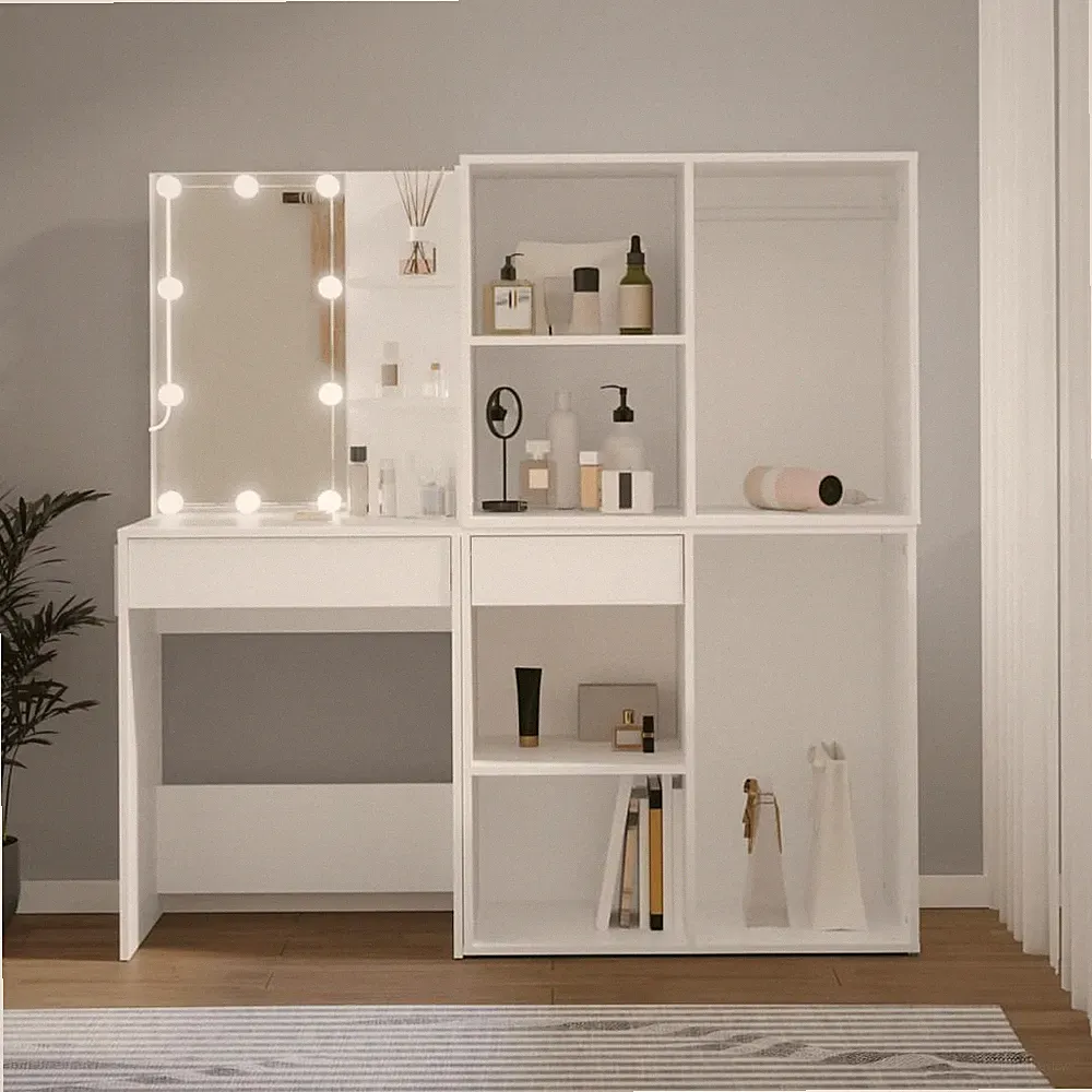 LED Schminktisch Holzwerkstoff, Kosmetiktisch mit 2 Schränken Spiegel vidaXL