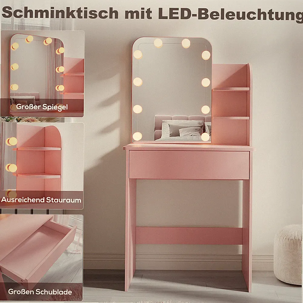 LED Schminktisch Kinder Spiegel Rosa Frisiertisch Tisch Hollywood 3 Lichtmodis