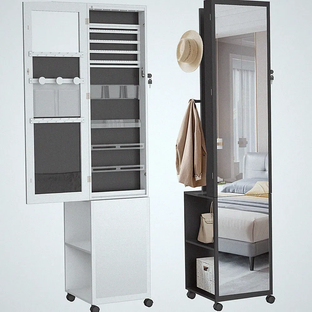 LED Schmuckschrank Ganzkörperspiegel Spiegelschrank Schmuck-Organizer Mit Rollen