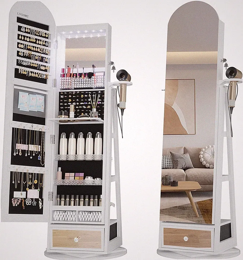 LED Schmuckschrank mit Spiegel, 360° Drehbar, Abschließbar, Beleuchtet, Weiß