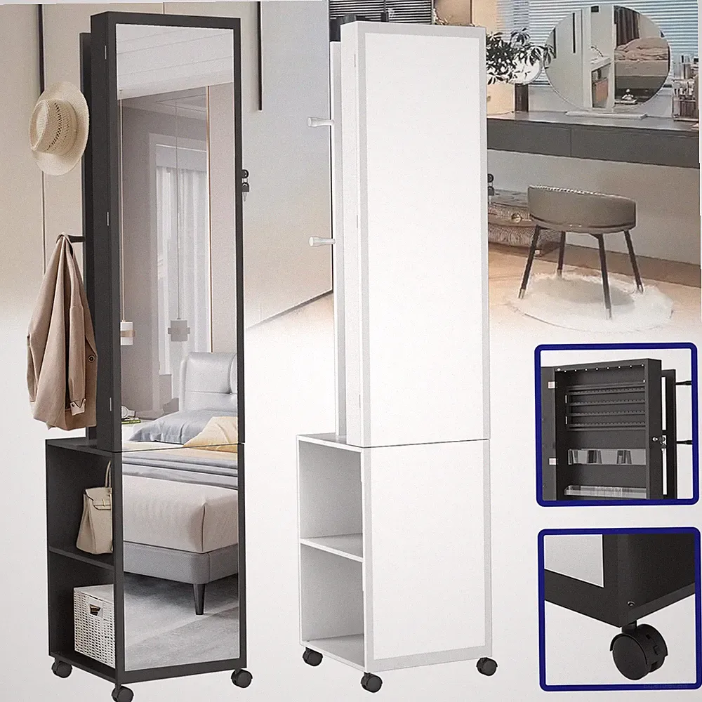 LED Schmuckschrank Spiegelschrank Schmuck-Organizer Ganzkörperspiegel Mit Rädern