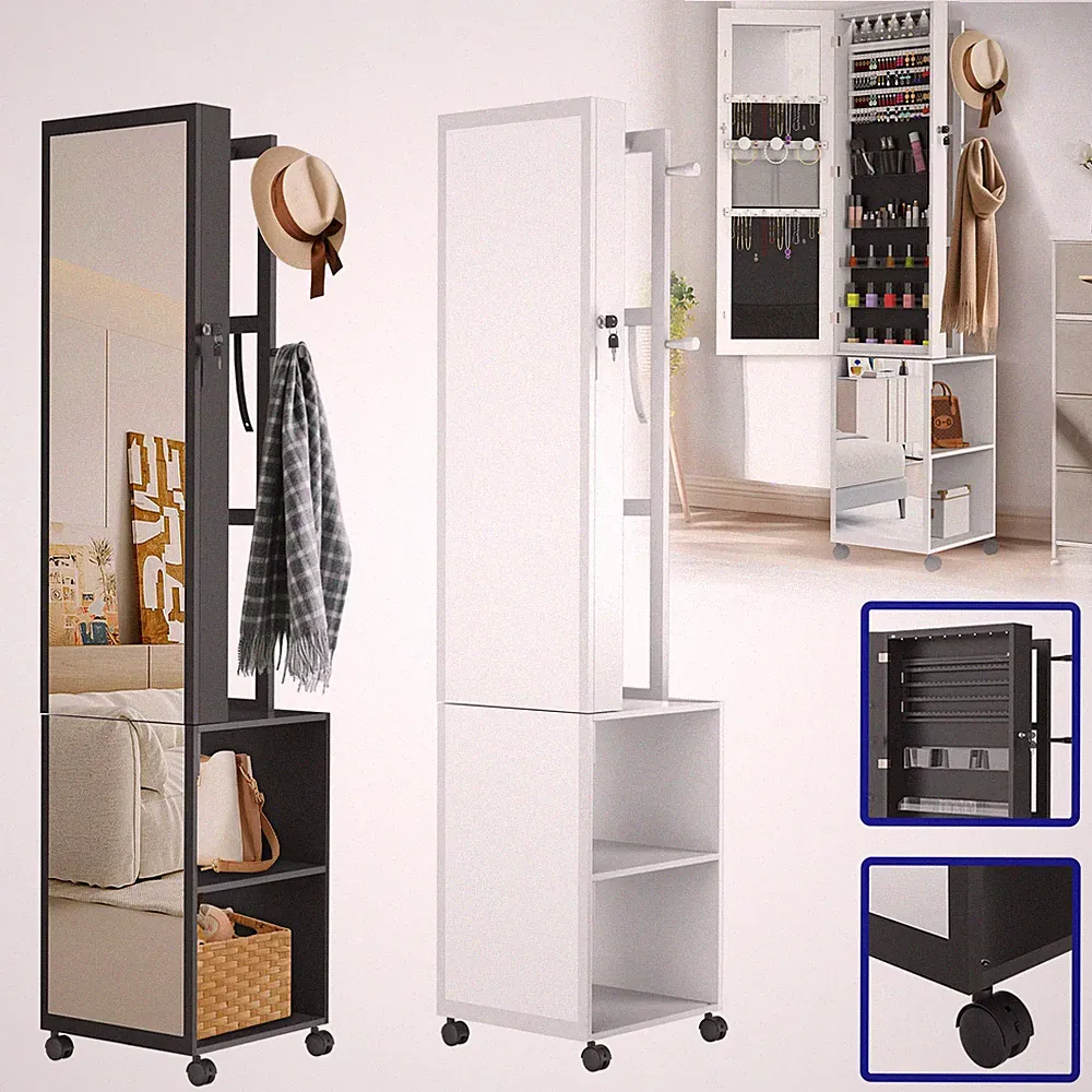 LED Schmuckschrank Standspiegel Spiegelschrank Abschließbar Schmuckregal Rollen