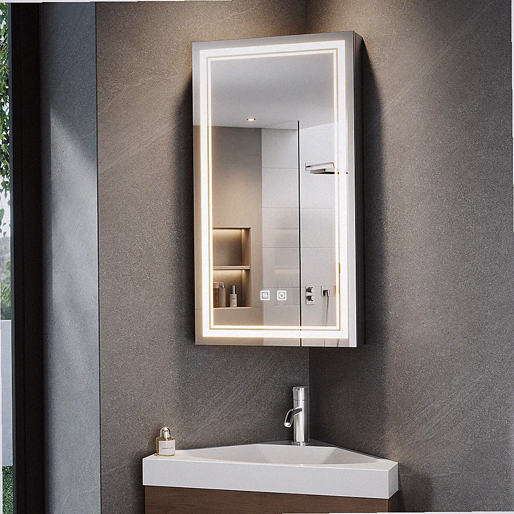 LED Spiegelschrank 38.5cm Hängeschrank Eckspiegelschrank Beschlagfrei Steckdose