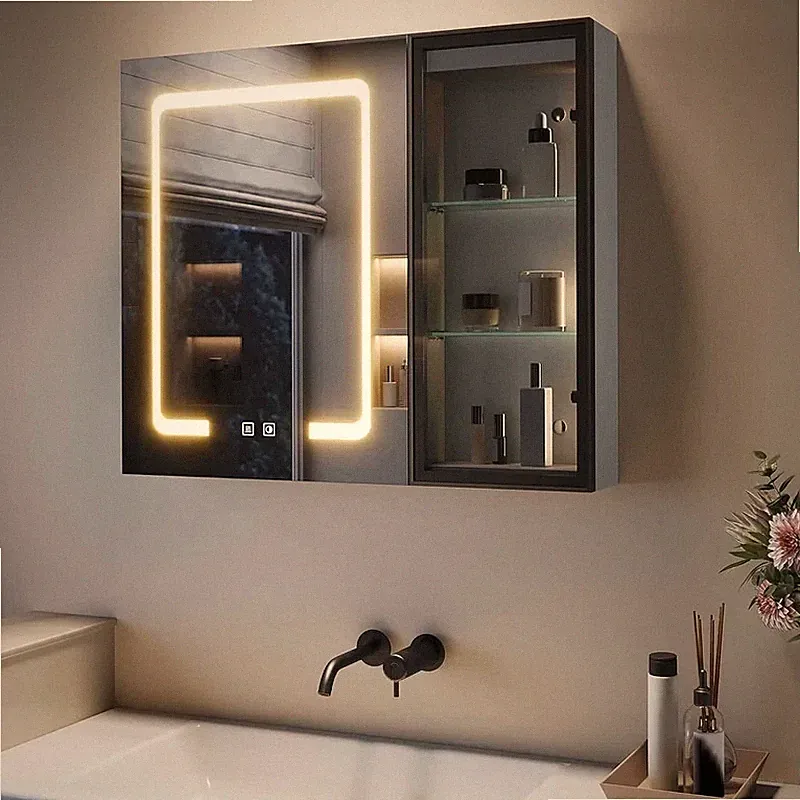LED Spiegelschrank 70x60 Glasvitrine Anti-Beschlag Steckdose 3 Lichtfarben