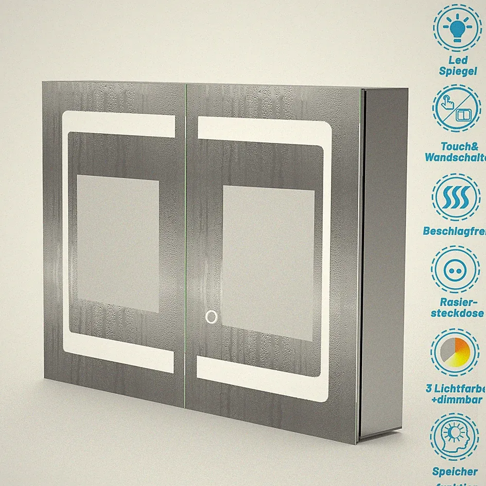 LED Spiegelschrank 80*60 Badschrank Touch Steckdose Beschlagfrei Dimmbar Alu.