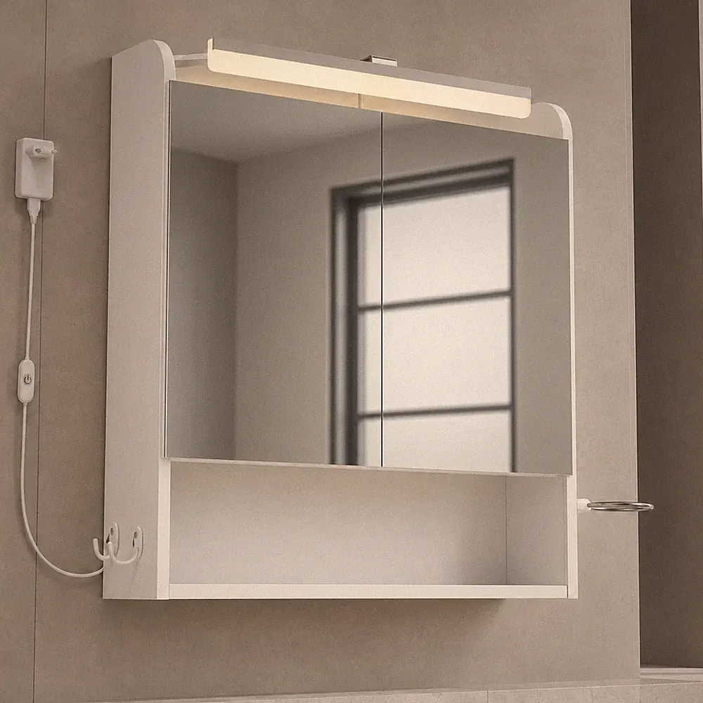 LED Spiegelschrank Bad 60 x 68,5cm dimmbar Touch 2 Türen Föhnhalter Haken Weiß