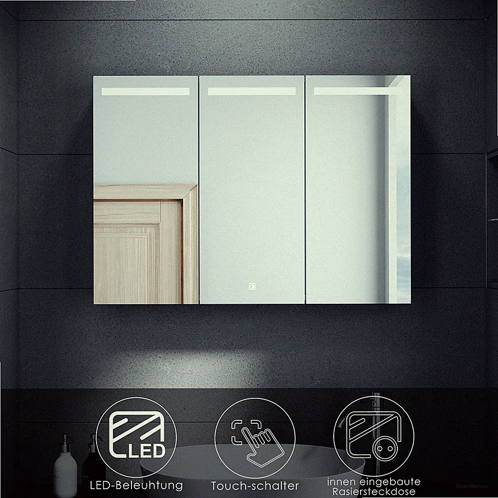 LED Spiegelschrank Bad 90 Badezimmerspiegel Badschrank Beleuchtung 3-türig touch