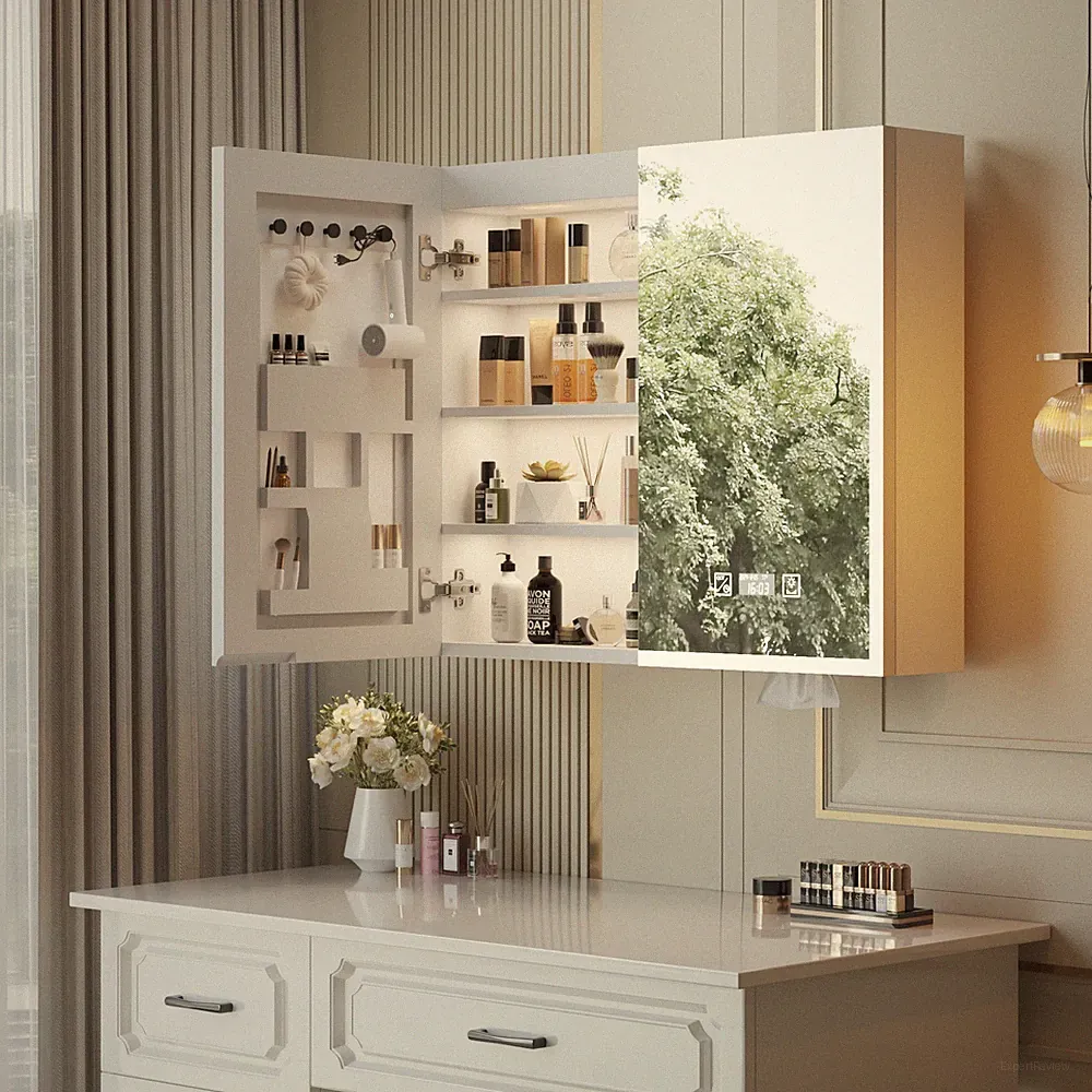LED Spiegelschrank Bad mit Beleuchtung Badezimmer Lagerschrank 2 Türen Mit USB