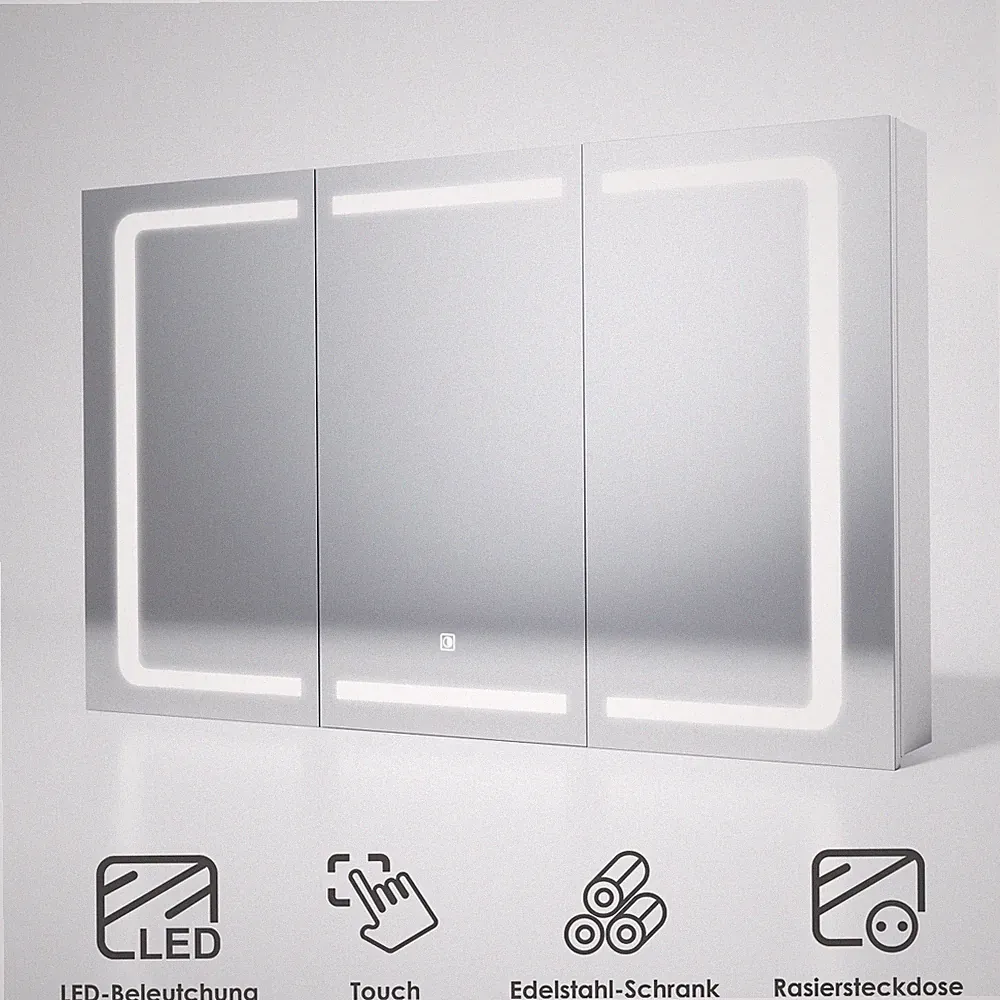 LED Spiegelschrank Badezimmerspiegel mit Beleuchtung Steckdose Edelstahl 105cm