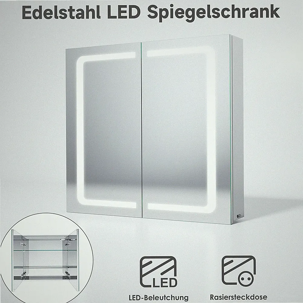 LED Spiegelschrank Badezimmerspiegel mit Beleuchtung Steckdose Edelstahl 70cm