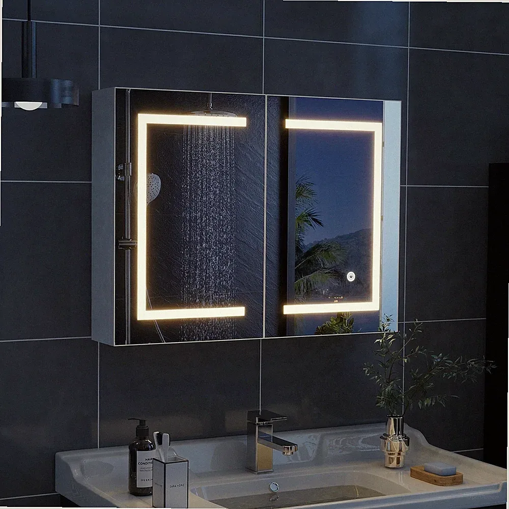 LED Spiegelschrank Badschrank Badezimmerspiegel mit Beleuchtung 2 Spiegeltüren~