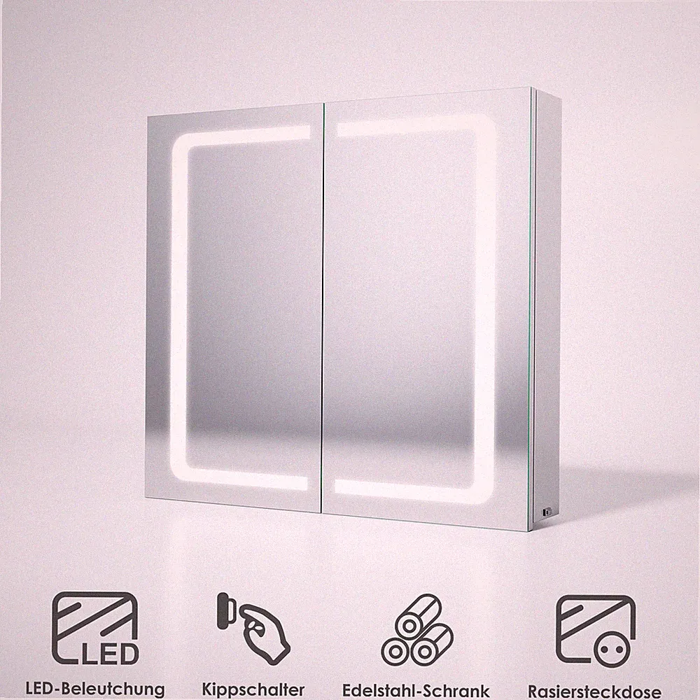 LED Spiegelschrank Badschrank Spiegel mit Beleuchtung Steckdose Edelstahl 70cm