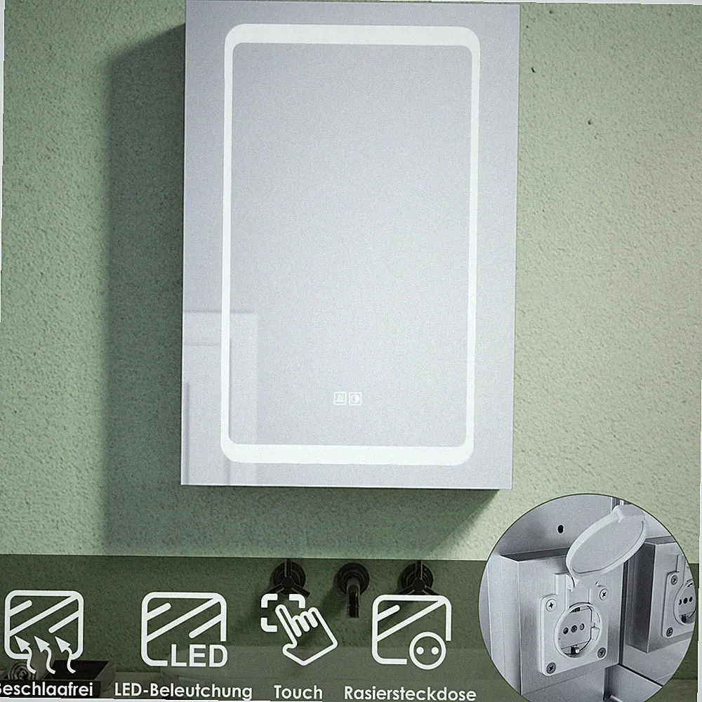 LED Spiegelschrank Beschlagfrei Alu mit Beleuchtung Badspiegel Bad Steckdose 50