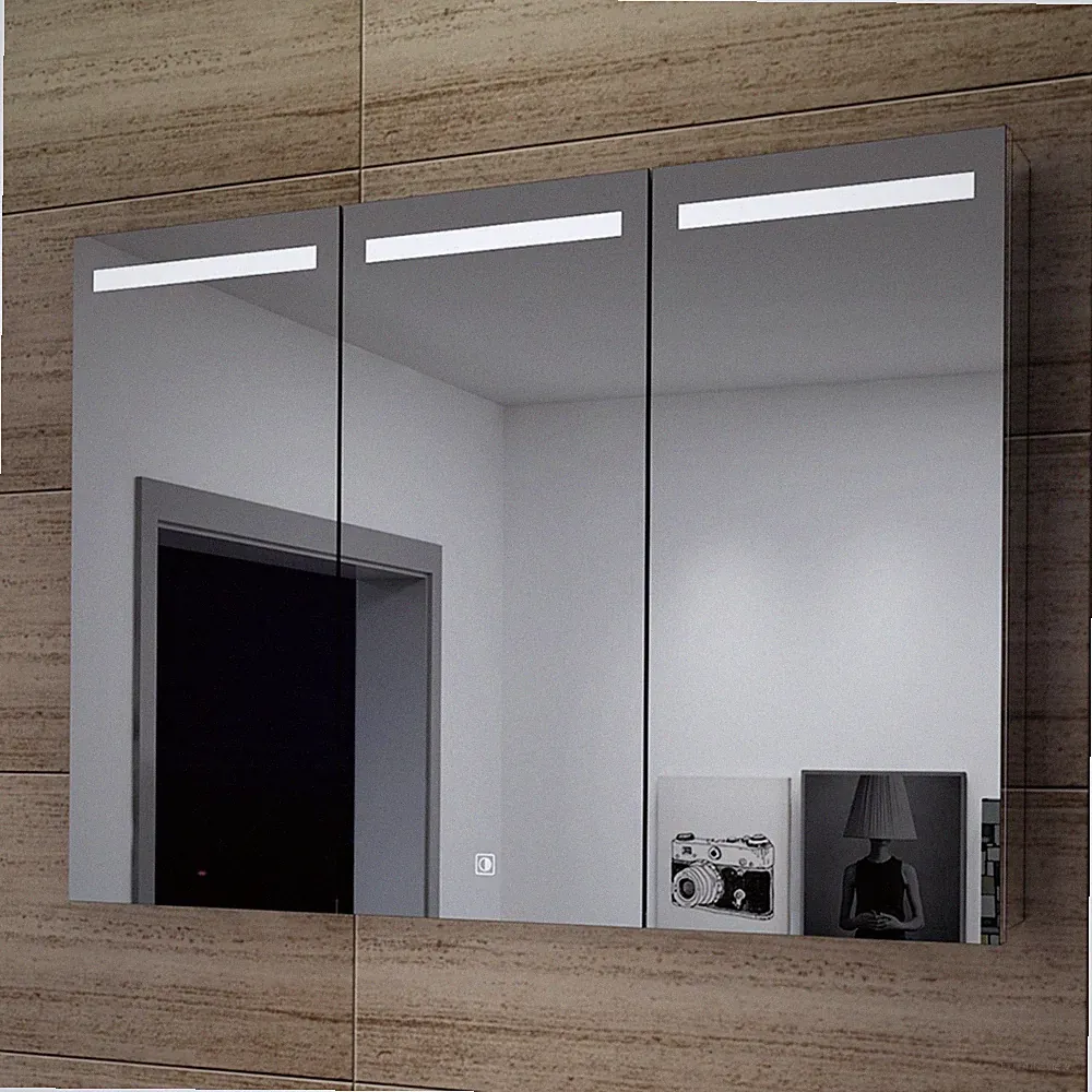 LED Spiegelschrank Edelstahl Steckdose Touch Badschrank Badspiegel 3 türig 90cm