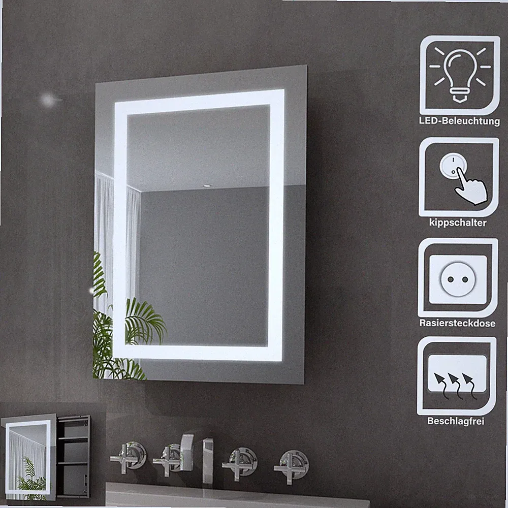 LED Spiegelschrank mit Beleuchtung Bad Steckdose Edelstahl Beschlagfrei 70x50cm