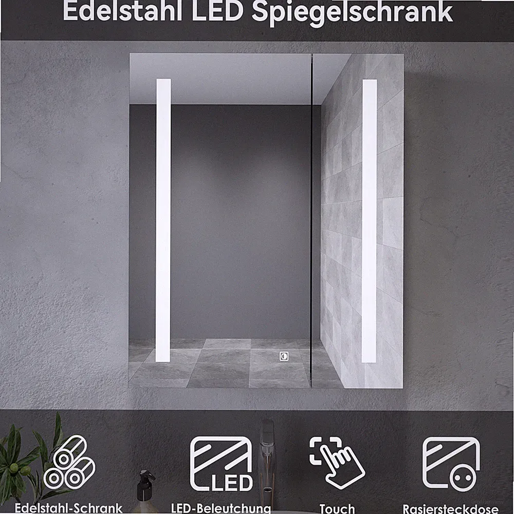 LED Spiegelschrank mit Beleuchtung Edelstahl Badschrank Spiegel Touch 2-türig 60