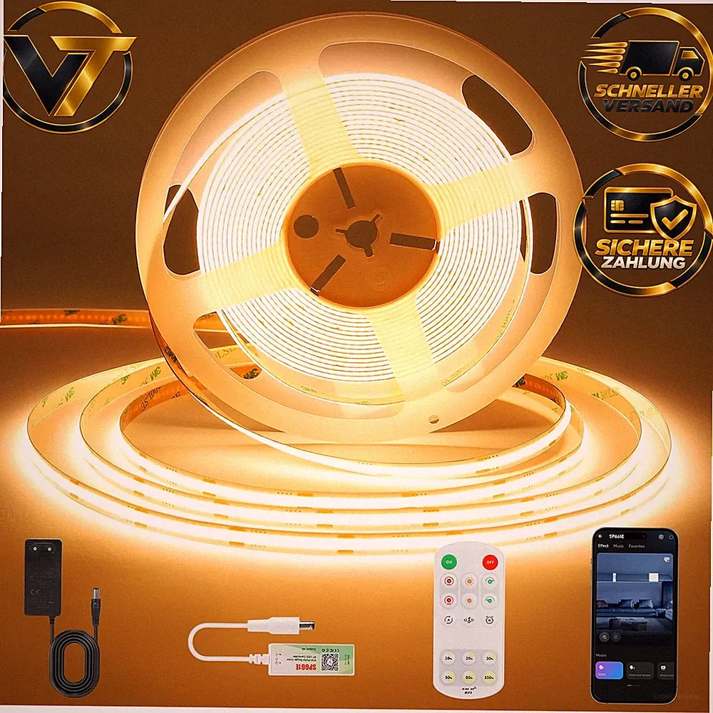 LED Streifen 10m Warmweiß 3000K 24V 8mm Breite Smart App Steuerung