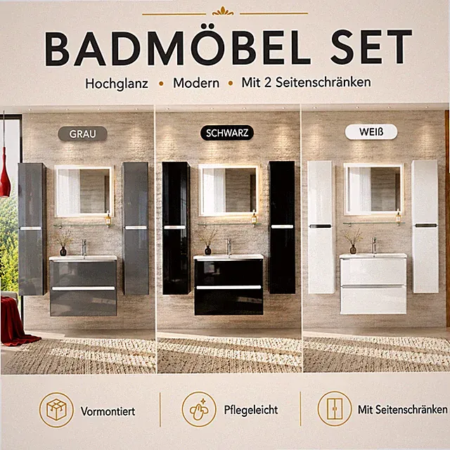Lumen Badmöbelset 90 cm Hochglanz inkl. Waschbecken, Spiegel & 2 Seitenschränken