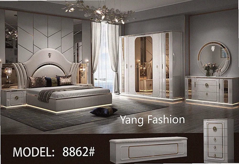Luxus Schlafzimmer komplett Set mit 6 Teilig Hochglanz Beige Bett 180x200CM