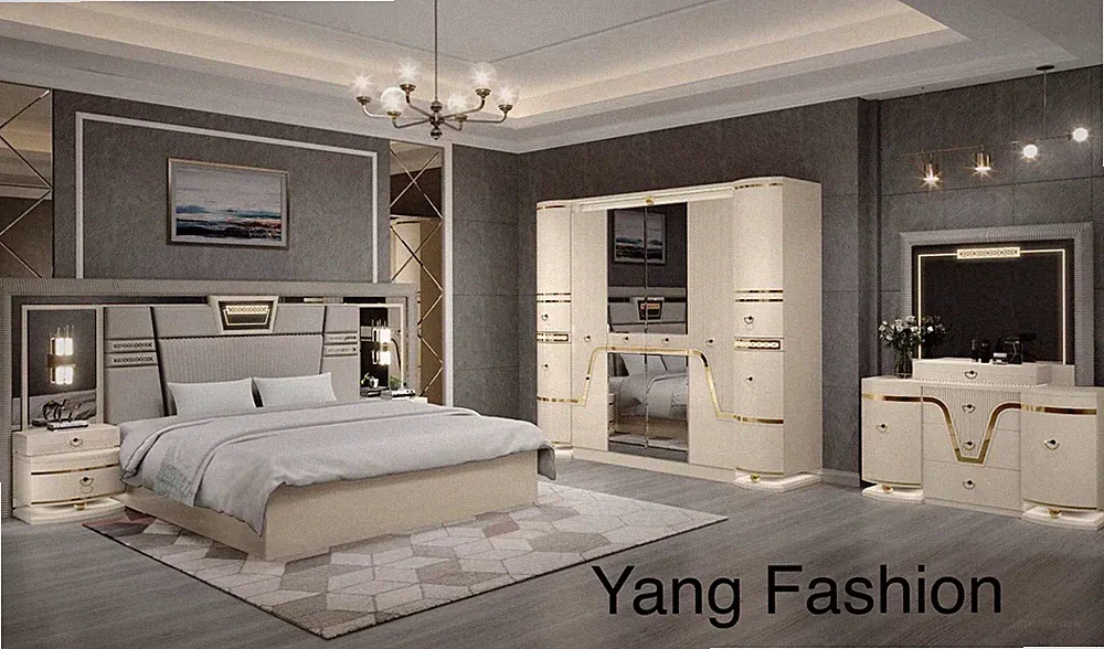 Luxus Schlafzimmer komplett Set mit 6 Teilig Hochglanz Beige+Gold Bett 180x200CM