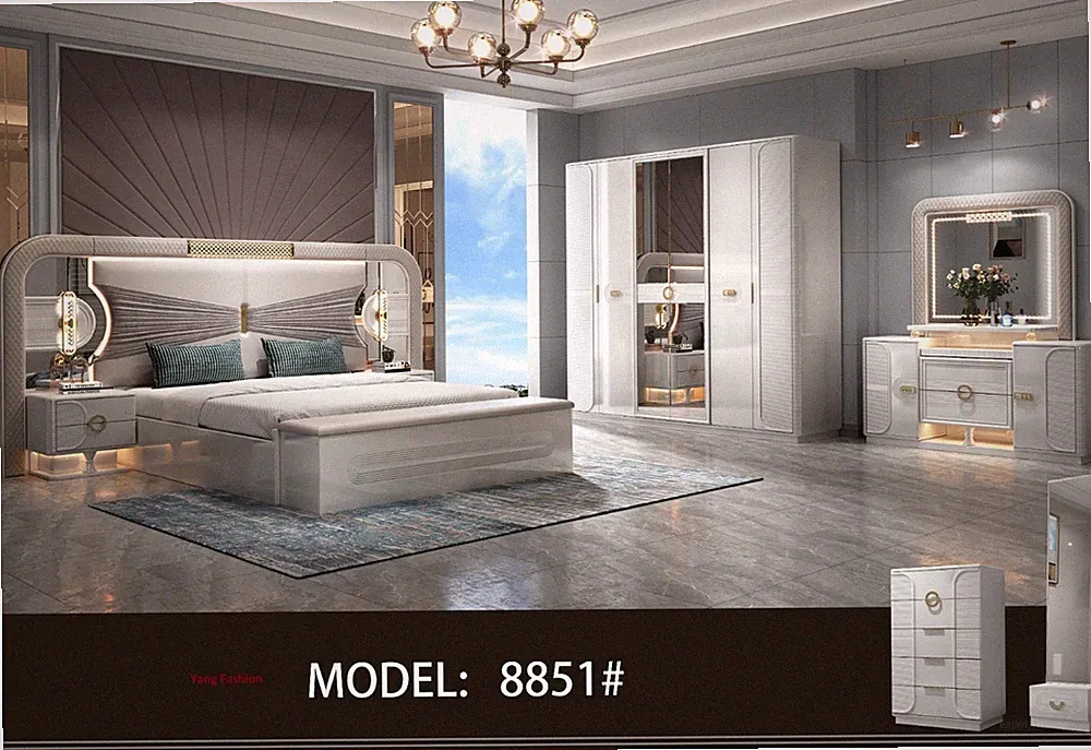 Luxus Schlafzimmer komplett Set mit 6 Teilig Hochglanz Beige+Grau Bett 180x200CM
