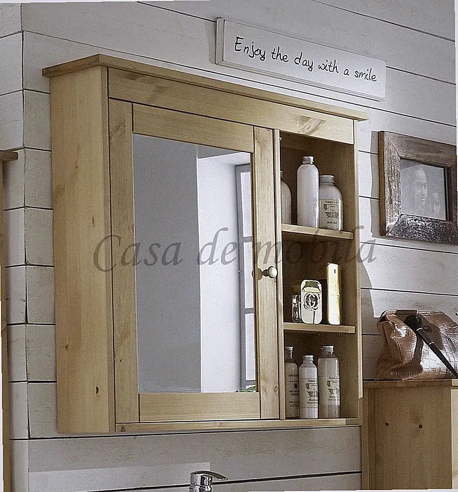 Massivholz Bad-Spiegel Kiefer massiv gelaugt geölt Hänge-schrank Wand-regal Holz