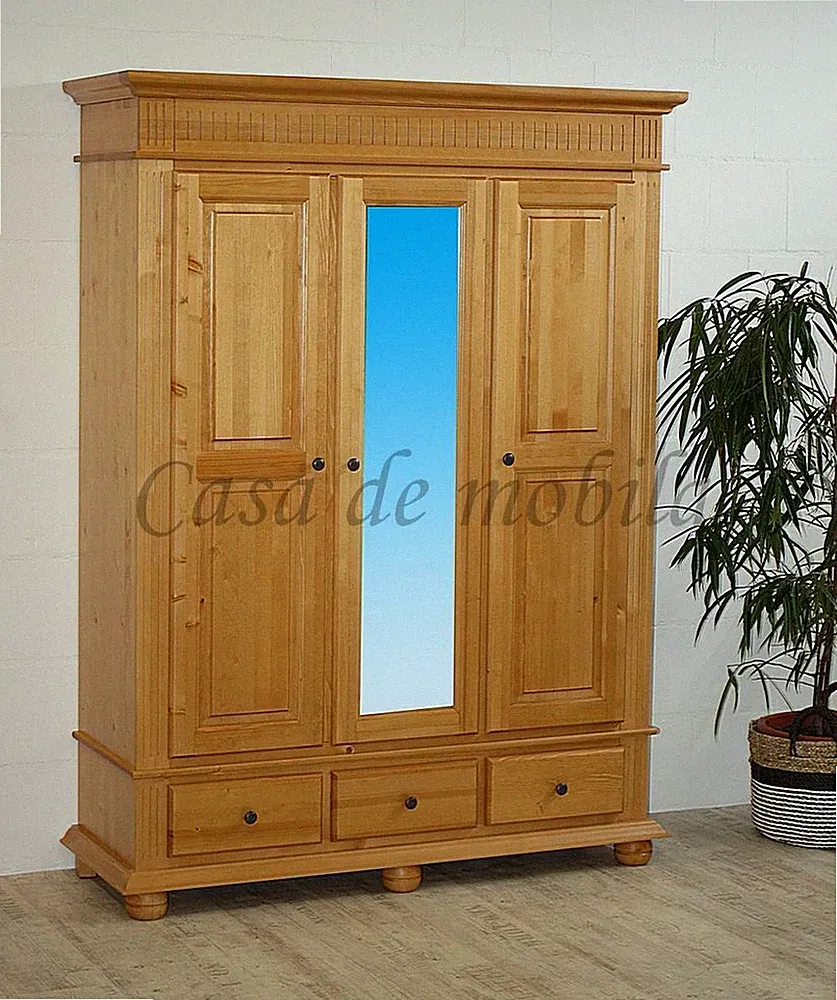 Massivholz Dielenschrank mit spiegel 43x192x51cm 3türig Fichte honig lackiert