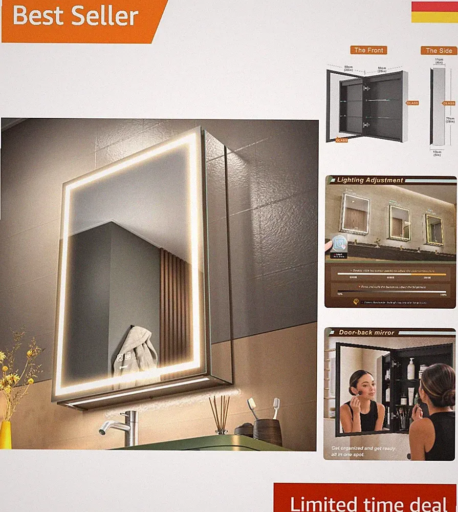 Modерner Badezimmer Spiegel 50x70cm mit LED-Beleuchtung und Stufenloses Dimmen