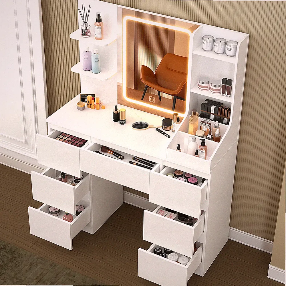 Modern Schminktisch mit Spiegel und LED-Leuchten, Kommode mit 7 Schubladen, Weiß