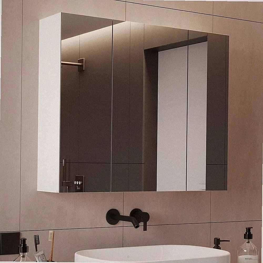 Moderne Badezimmerspiegelschrank, 70x60x16 cm, 3 Türen, Weiß