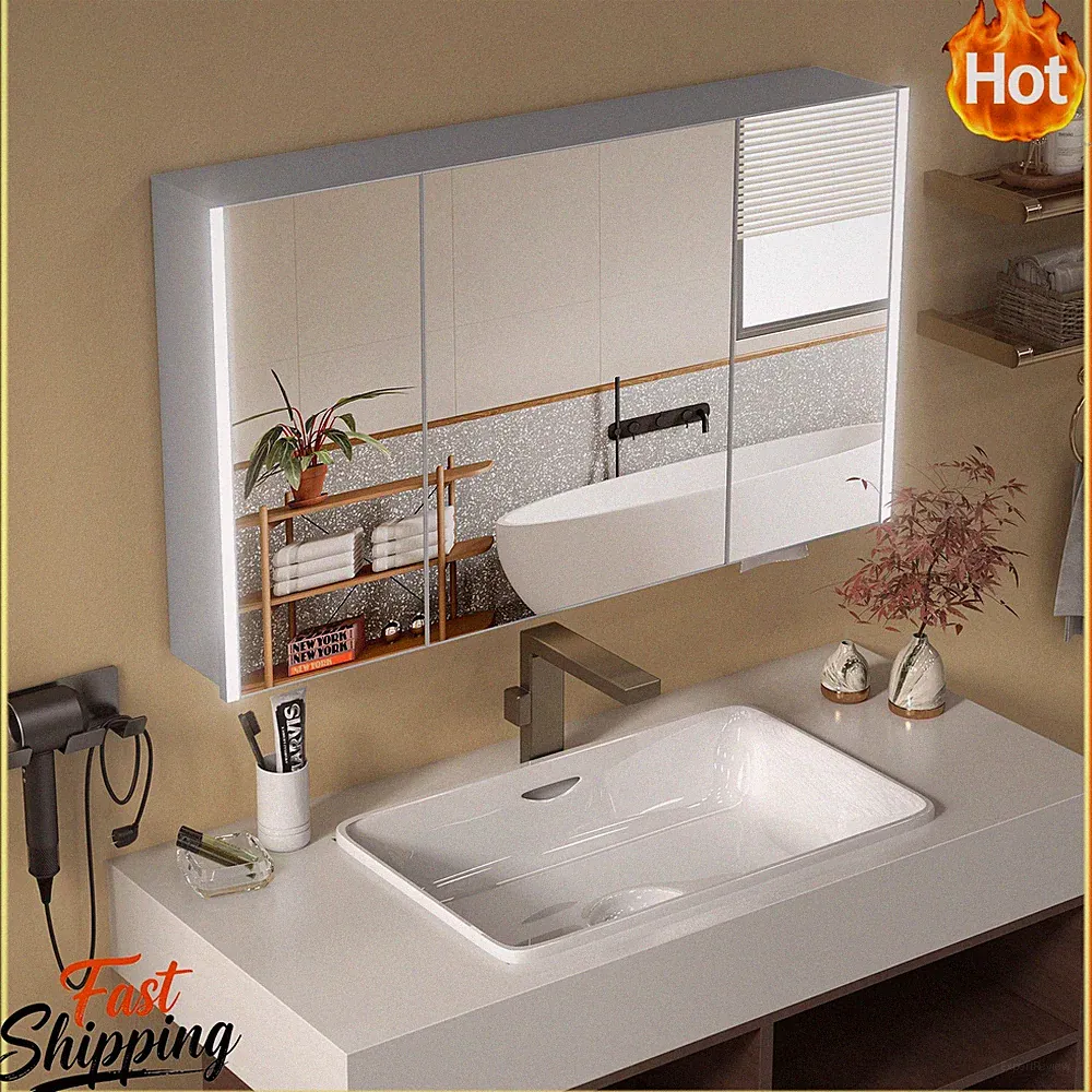 Moderner Spiegelschrank LED Licht Badspiegelschrank 8 Stauraum Wasserdicht