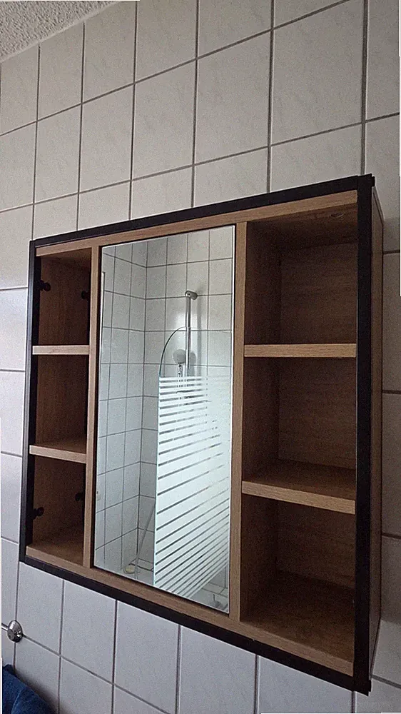 Moderner Spiegelschrank, MDF, Braun/Schwarz, Wandmontage, 60x58x15cm, Matt