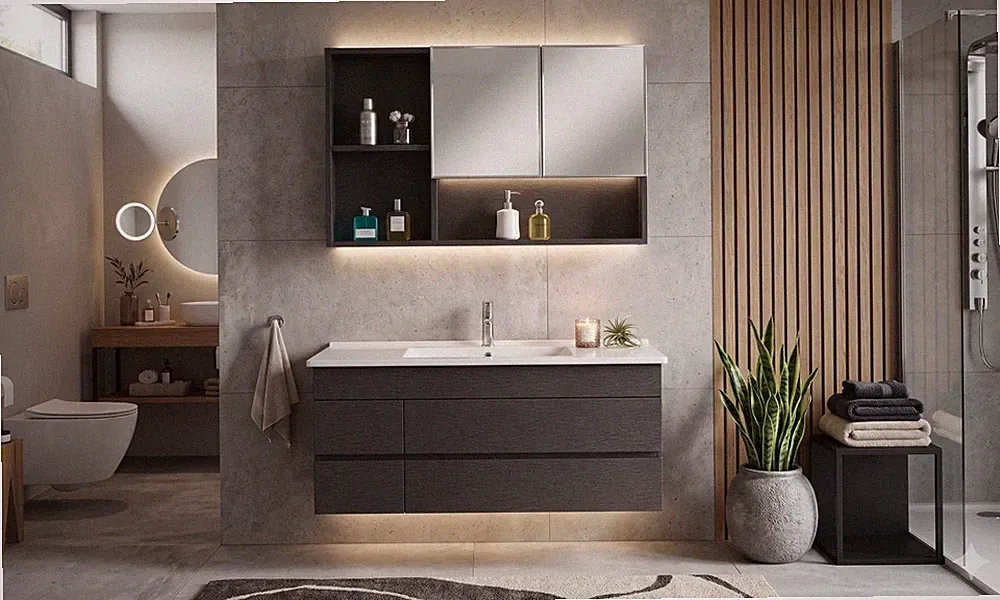 Modernes Badmöbel schwarz mit Spiegelschrank Waschtisch Waschbecken Badmöbelset
