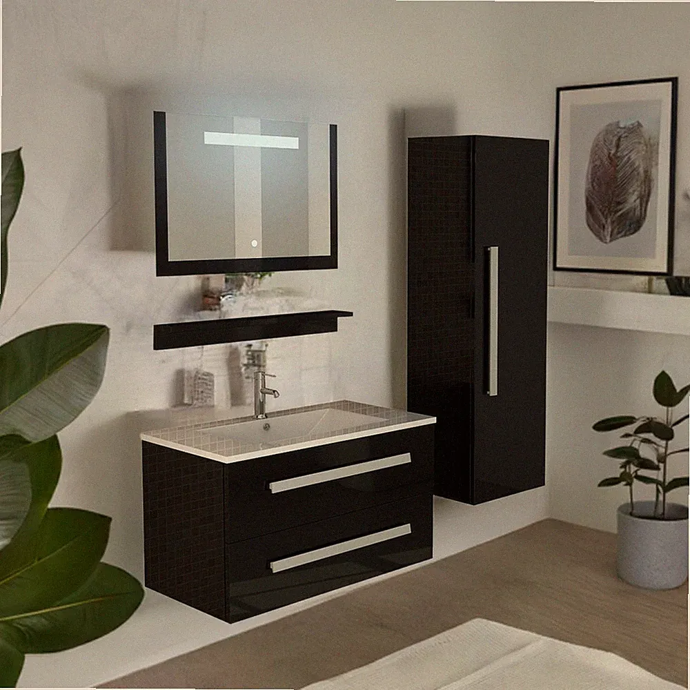 Modernes Badmöbel Set Schwarz Spiegelschrank Waschbecken Set mit Unterschrank