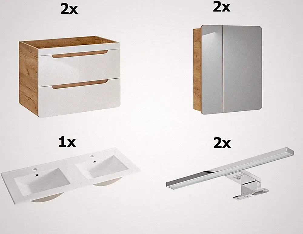 MONTIERT Badmöbel Set ARUBA-WEISS/EICHE-S 120 cm mit Waschbecken und LED