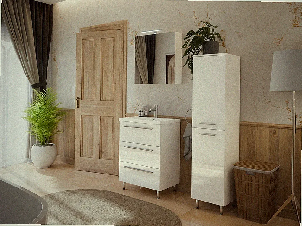 MONTIERT Badmöbel Set mit Waschbecken BRYZA 60cm WEISS HOCHGLANZ LED SOFTCLOSE